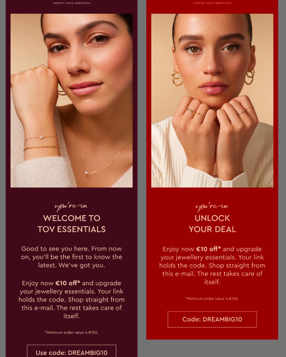 TOV Essentials welcome flow met €10 incentive
