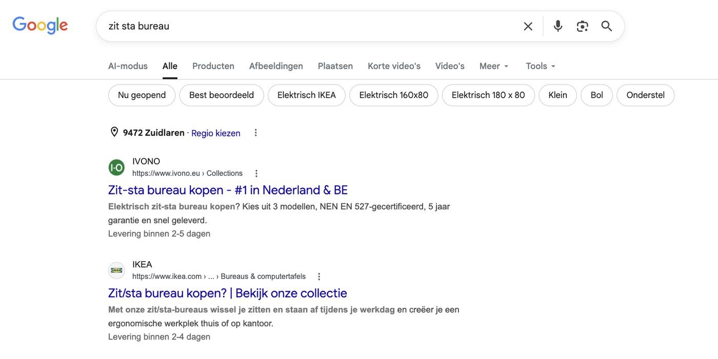 Google SERP – IVONO organisch #1 op 'zit sta bureau'