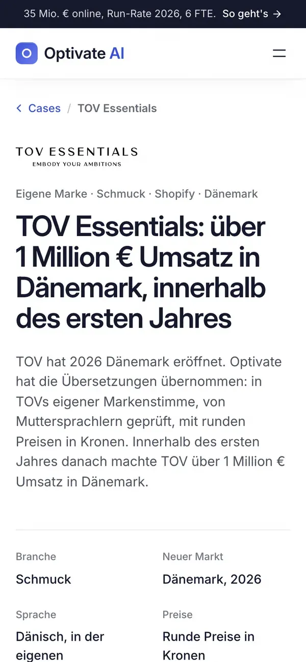 Landingspagina optivateai.com/de/cases/tov-essentials: TOV Essentials: über 1 Million € Umsatz in Dänemark, innerhalb des ersten Jahres