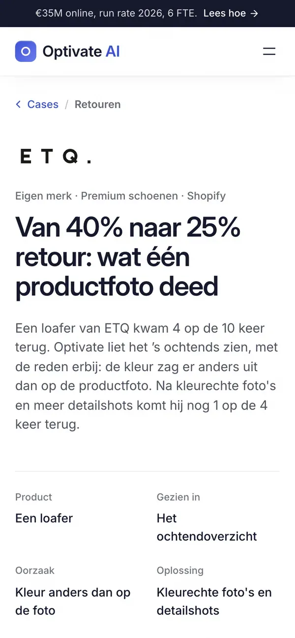 Landingspagina optivateai.com/nl/cases/etq-returns: Van 40% naar 25% retour: wat één productfoto deed